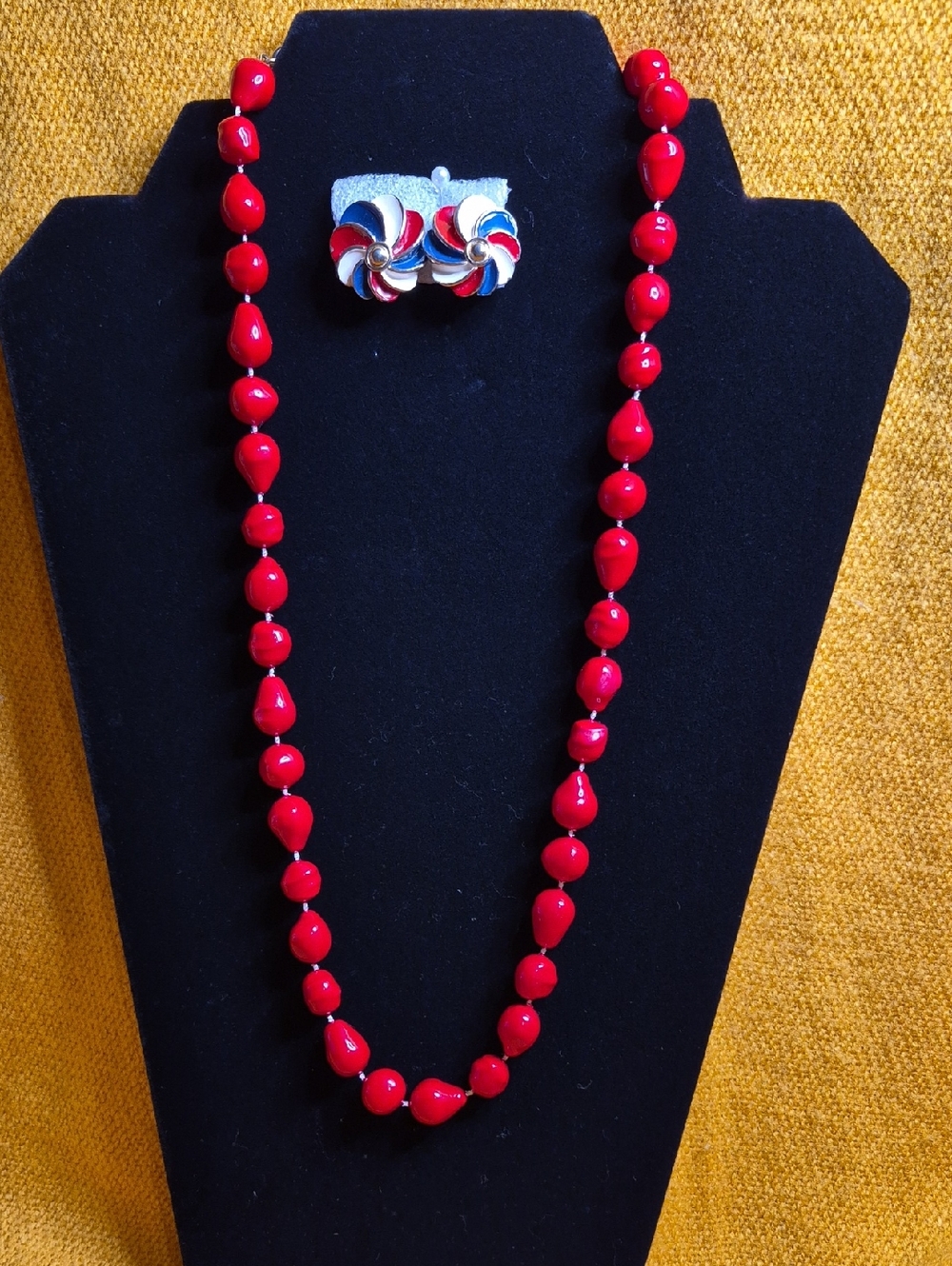 Red Bead Necklace with Matching Clip-On Earrings - Women Jewelry